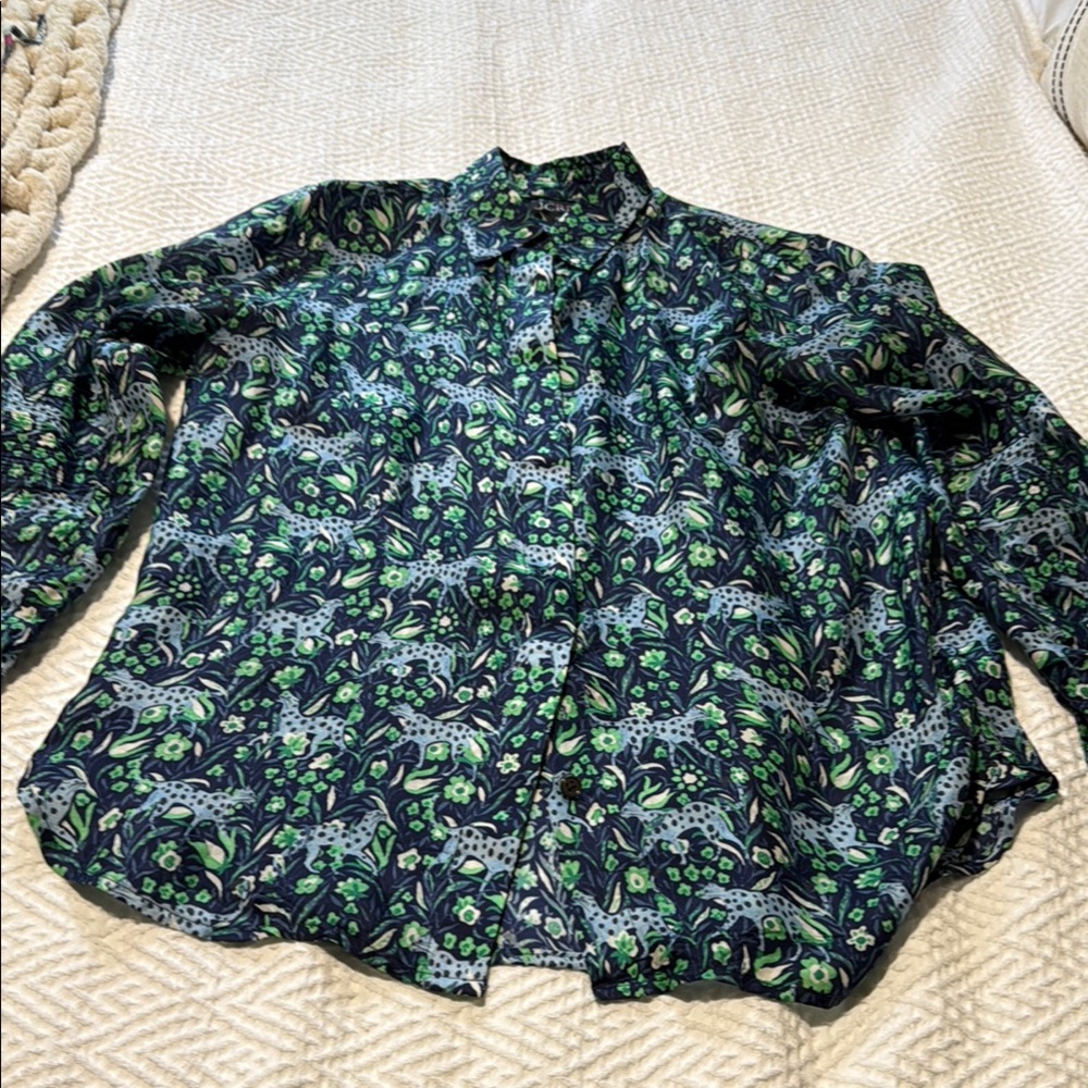 J. Crew Navy and Green Patterned Blouse